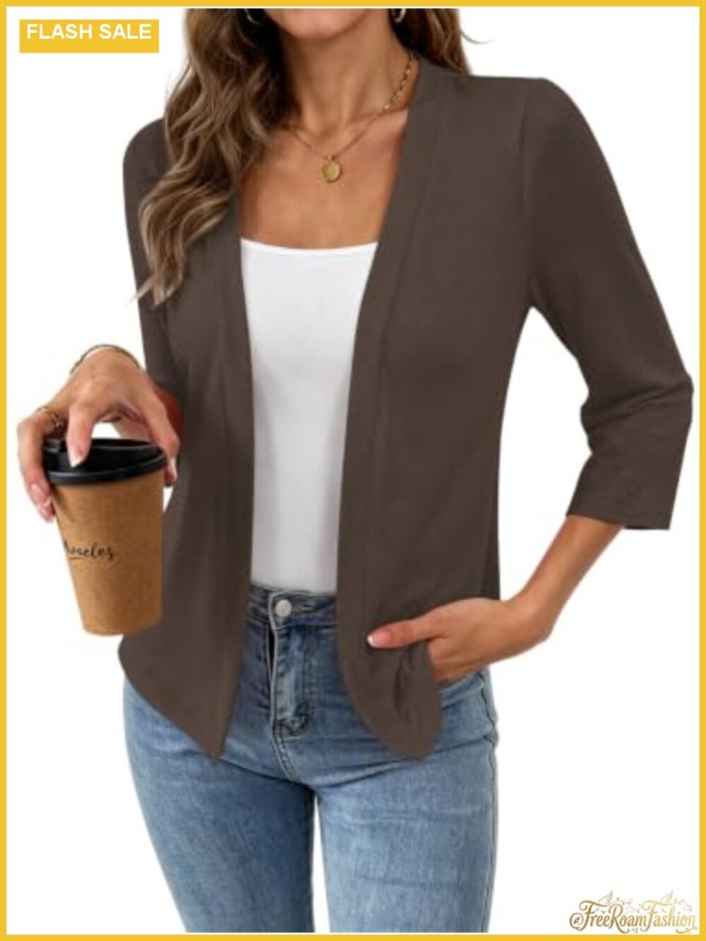 Womens 3/4 Sleeve Lightweight Open Front Cardigan Shrug Layering